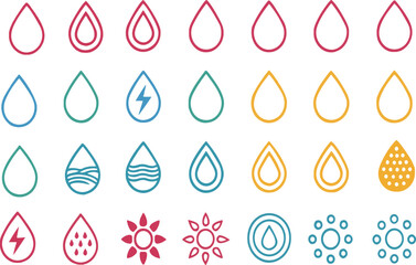 Collection of colorful water drop icons representing various concepts and elements