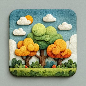 Whimsical Swirling Trees and Playful Clouds, Bright Cartoon Mobile App Icon for Magical Sensations Feature, Square Magic-Themed Art