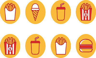Colorful illustrations of fast food icons displayed in circular yellow backgrounds