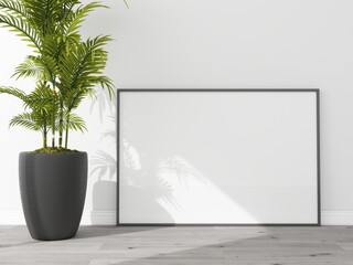 Horizontal frame mockup on the floor with an ornamental plant. 3D rendering, interior design, 3D illustration