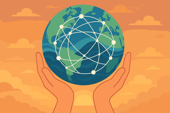 Hands holding Earth globe with network nodes, global data exchange, worldwide customers, flat vector cartoon, sunset background, digital communication, global connectivity