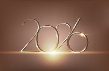 Happy new year 2026. Holiday greeting luxury card design. 3D Shiny gold realistic numbers isolated on light brown background. 