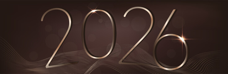 Happy new year 2026. Holiday greeting luxury card design. 3D Shiny gold realistic numbers isolated on dark brown background. 