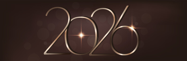 Happy new year 2026. Holiday greeting luxury card design. 3D Shiny gold realistic numbers isolated on light brown background. 