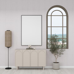 Vertical frame mockup on a sideboard, decorated with a window and an ornamental plant. 3D rendering, interior design, 3D illustration
