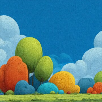 Whimsical Swirling Trees and Playful Clouds, Bright Cartoon Mobile App Icon for Magical Sensations Feature, Square Magic-Themed Art