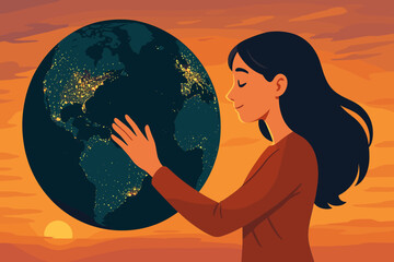 Woman Touching Planet Earth at Night Showing Global Energy Consumption, Hopeful Sunset, Environmental Awareness, Modern Flat Vector Illustration