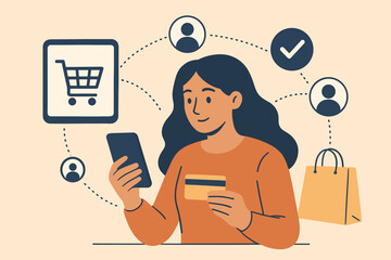 Mobile Payment Woman Shopping Online, Digital Marketing, E-commerce, Mobile Banking, Omni-channel Retail, Customer Network, Shopping Cart, Flat Vector Illustration