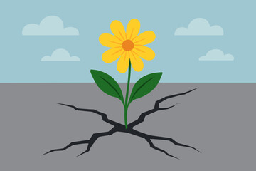 Resilience Concept Yellow Flower Breaking Through Cracked Concrete, Hope Growth Urban Nature Survival, Flat Vector Illustration, Overcoming Adversity, Strength, No Text
