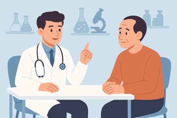 Young doctor consultation with patient, stethoscope, medical advice, laboratory background, healthcare discussion, diagnosis, modern flat vector illustration, clinical visit, professional advice