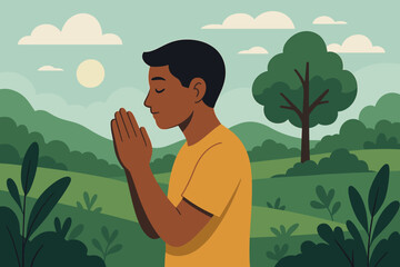 Man praying in nature finding inner peace and spiritual balance. Concept of mindfulness, meditation, gratitude and harmony. Connection with the earth for mental health and wellbeing.