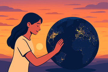 Woman Embracing Planet Earth at Night, Global Energy Consumption, City Lights, Sunset Horizon, Hope, Environmental Awareness, Modern Flat Vector Illustration