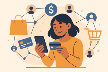 Mobile Payments and Online Shopping Concept. Woman Using Smartphone and Credit Card. Digital Marketing, E-Commerce, Customer Network, Secure Payment, Banking, Shopping Cart, Flat Vector Illustration