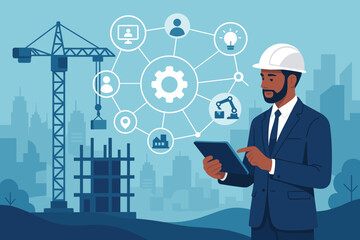Futuristic architect and businessman on Industry 4.0. Engineer manager using tablet with icon network connection at a construction site for industrial innovation concept.