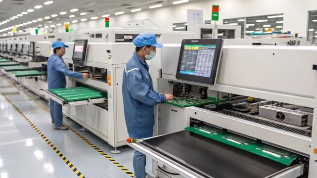 Electronics manufacturing: workers assembling circuit boards in a modern factory setting now seen here