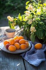 Summer Apricots on Rustic Wooden Table with Blooming Plant