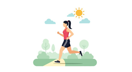 Adobe Illustrator artwork flat style illustration of a woman running confidently through a summer park with trees and clear skies, embodying fitness and outdoor activity