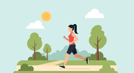 Adobe Illustrator artwork flat style illustration of a woman running confidently through a summer park with trees and clear skies, embodying fitness and outdoor activity © meeblues