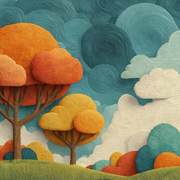 Whimsical Swirling Trees and Playful Clouds, Bright Cartoon Mobile App Icon for Magical Sensations Feature, Square Magic-Themed Art