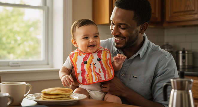 Happy Father and Baby Enjoying Breakfast on National Bacon Lovers Day Celebrating Family and Food - Powered by Adobe
