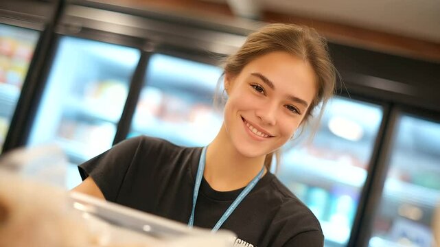 Staff member restocking frozen items in well-lit freezer section