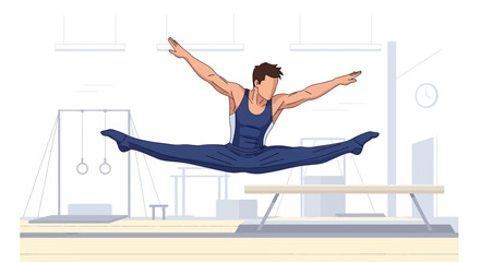Fototapeta premium Adobe Illustrator artwork flat style illustration of a male gymnast executing a dynamic split jump in a well-equipped gymnasium, displaying athleticism and control