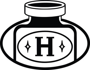 Obraz premium Black and white vector illustration of a medicine bottle with a bold capital H on an oval label flanked by diamond shapes