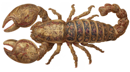 An ornate, vintagestyle scorpion with intricate gold and red patterns, depicted from a topdown view on a transparent background
