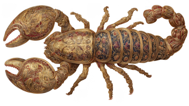 An ornate, vintagestyle scorpion with intricate gold and red patterns, depicted from a topdown view on a transparent background