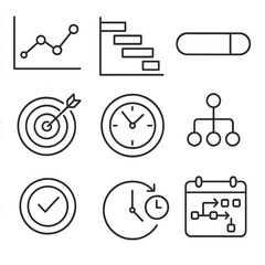 Fototapeta premium Time Management Icons. Outline style icons of time targeting visuals: timeline graph, Gantt chart, progress bar, target circle,