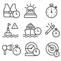 Maritime Safety Icons. Outline style icons of Maritime Safety and Timed Alerts: life jacket with clock, SOS light timer, buoy with