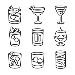 Whiskey Cocktail Icons. Outline style icons of Whiskey-Based Cocktails: old fashioned, whiskey sour, Manhattan, mint julep,
