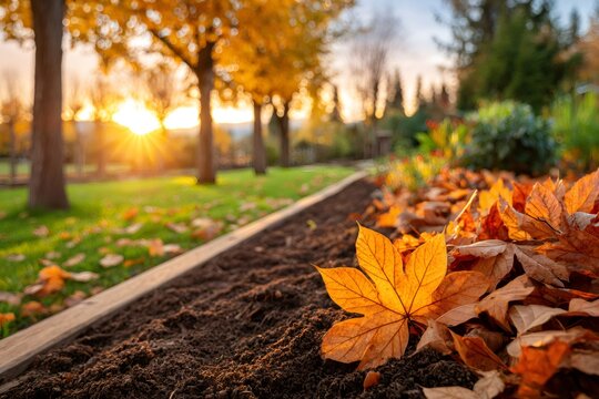 Golden autumn leaves covering soil in garden at sunset