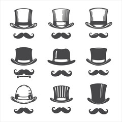A Collection of Vintage Top Hats and Mustaches Depicting Classic Masculinity and Timeless Elegance in Various Styles and Artistic Representations