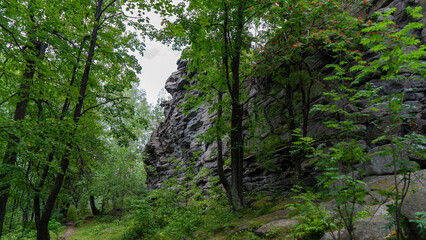 Seven Brothers and One Sister, remnants of rock at top of Semibratskaya Mountain in Middle Urals,...