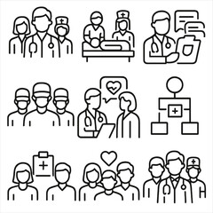 Healthcare Team Icons. Outline style icons of Healthcare Teamwork: doctor and nurse group, patient care team, collaborative