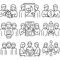 Startup Teamwork Icons. Outline style icons of Startup Teamwork: building prototype together, pitch board group, funding teamwork,