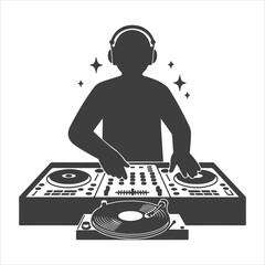 Silhouette of a DJ Mixing Music on a Turntable with Headphones and Sparkling Effects Creating a Groovy Vibe