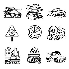 Post-Apocalyptic Tank Icons. Outline style icons of Post-Apocalyptic Tank Scenes: skeletal tank frame, tank in dust storm, tank