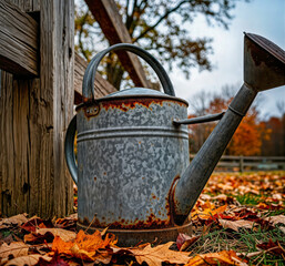 Rusty Galvanized Watering Can on Autumn Leaves by Wooden Fence