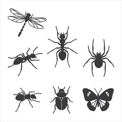 Collection of Insect Silhouettes Depicting Ants Dragonflies Butterflies Beetles and Spiders for Educational or Decorative Purposes in Vector Format