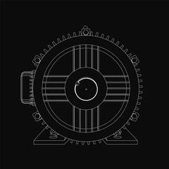 A black and white 3D contour drawing of an electric motor with detailed components, isolated on a dark background. The technical illustration highlights the engine's mechanical structure, including.