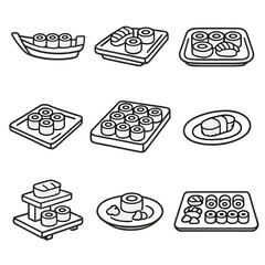 Sushi Plating Icons. Outline style icons of Sushi Plating: sushi boat tray, bamboo sushi plate, ceramic sushi platter, black slate