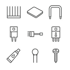Thermal Management Icons. Line style icons of Thermal Management: aluminum heatsink fin, silicone thermal pad, copper heat pipe,