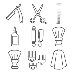 Barbershop Essentials Icons. Line style icons of Classic Barbershop Tools: straight razor, barber shears, taper comb, clipper oil,