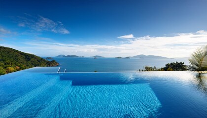 Fototapeta premium luxurious infinity pool overlooking serene blue waters and distant islands on a sunny day