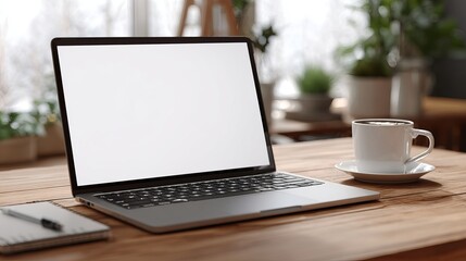 Cozy workspace with laptop, coffee, and notepad creates an inviting atmosphere for productivity and focus.