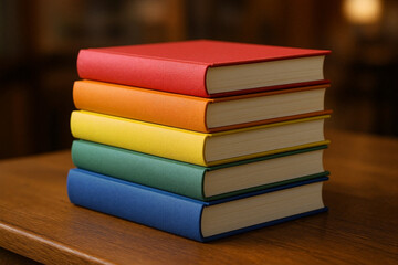 Colorful stack of hardcover books on wooden table in library