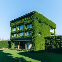 Glass building house covered by green ivy with blue sky 