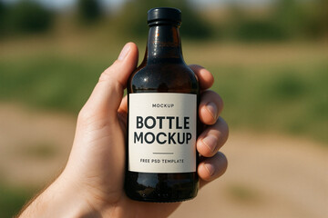 Handheld bottle mockup displayed against a blurred outdoor background  